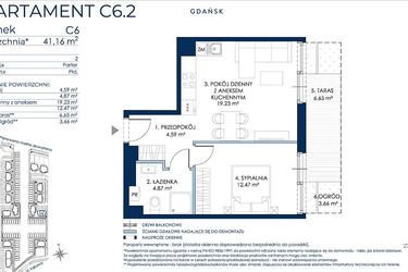 Rzut - Mieszkanie na sprzedaż 2 pokoje o powierzchni 41,37 m² - numer C6.2 w Sol Marina etap III