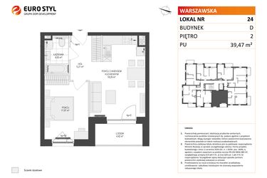 Rzut - Mieszkanie na sprzedaż 2 pokoje o powierzchni 39,47 m² - numer D.24 w Osiedle Warszawska etap II