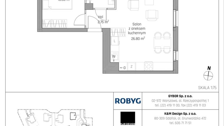 Rzut - Mieszkanie na sprzedaż 2 pokoje o powierzchni 43,9 m² - numer B8.2M01 w ROSA Residence etap II