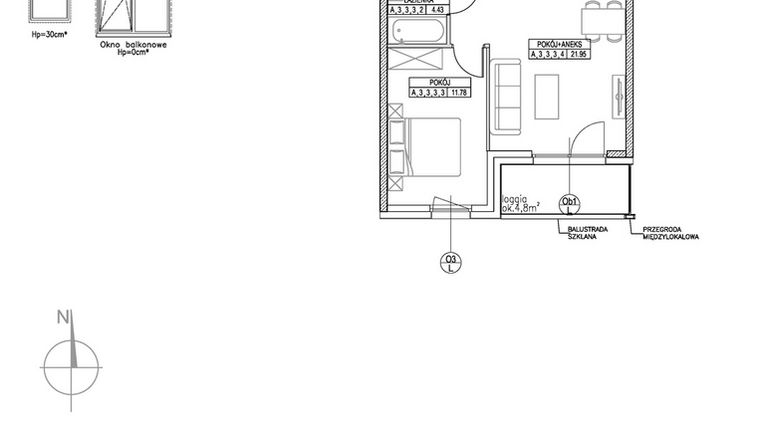 Rzut - Mieszkanie na sprzedaż 2 pokoje o powierzchni 42,89 m² - numer A.3.3.3 w Forma