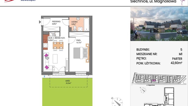 Rzut - Mieszkanie na sprzedaż 2 pokoje o powierzchni 42,6 m² - numer Bud.5-1 w Willa Magnolia