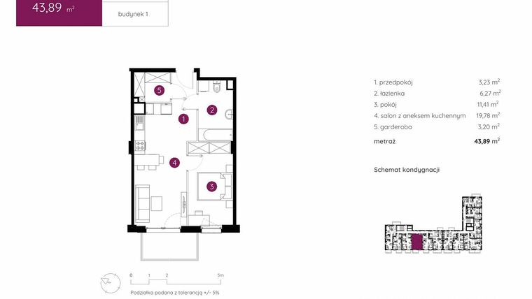 Rzut - Mieszkanie na sprzedaż 2 pokoje o powierzchni 43,89 m² - numer 1.B.7.03 w Murapol Urcity