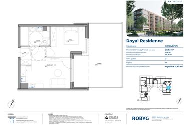 Rzut - Mieszkanie na sprzedaż 2 pokoje o powierzchni 38,92 m² - numer RR/6A/D/0/3 w Royal Residence 6A