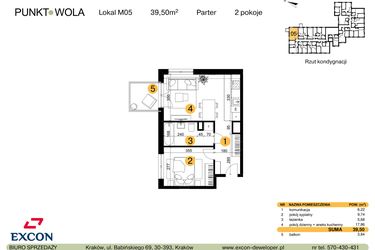 Rzut - Mieszkanie na sprzedaż 2 pokoje o powierzchni 39,5 m² - numer M05 w Punkt Wola