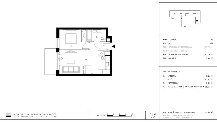 Rzut - Mieszkanie na sprzedaż 2 pokoje o powierzchni 40,56 m² - numer 7.A5 w Staszica 3