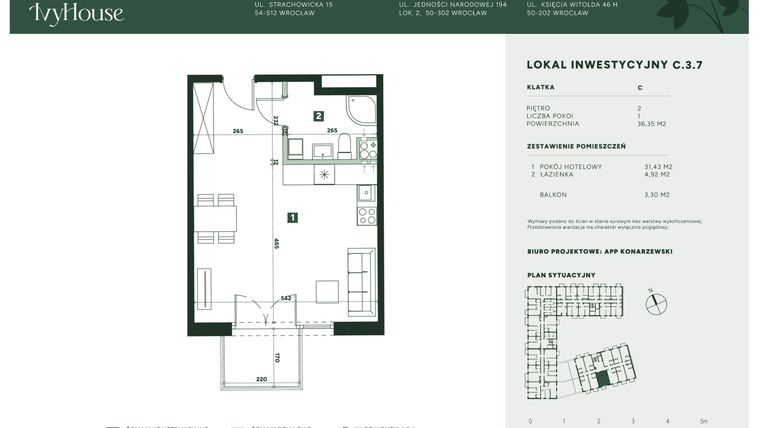 Rzut - Mieszkanie na sprzedaż 1 pokój o powierzchni 36,35 m² - numer C.3.7 w IVY HOUSE - Apartamenty inwestycyjne