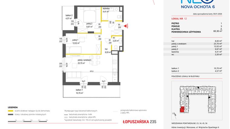 Rzut - Mieszkanie na sprzedaż 3 pokoje o powierzchni 60,3 m² - numer 12 w Neo Nova Ochota 6