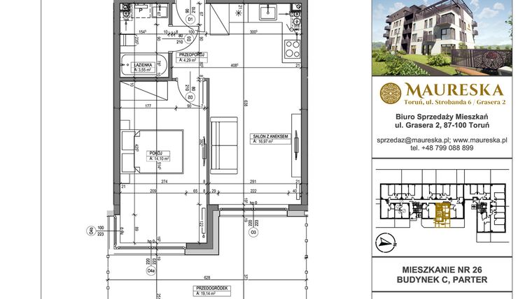 Rzut - Mieszkanie na sprzedaż 2 pokoje o powierzchni 38,91 m² - numer C.26 w Osiedle Maureska etap 2