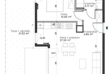 Rzut - Mieszkanie na sprzedaż 2 pokoje o powierzchni 46 m² - numer B-1 w Destino
