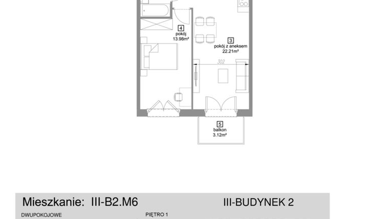 Rzut - Mieszkanie na sprzedaż 2 pokoje o powierzchni 45,07 m² - numer III-B2.M6 w Strefa Cegielnia 3