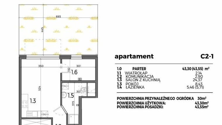 Rzut - Mieszkanie na sprzedaż 3 pokoje o powierzchni 43,3 m² - numer C2-1 w Aleja Miodowa