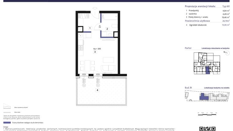 Rzut - Mieszkanie na sprzedaż 1 pokój o powierzchni 28,79 m² - numer B1 – M0.3 w Primacasa