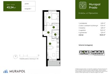 Rzut - Mieszkanie na sprzedaż 2 pokoje o powierzchni 43,54 m² - numer 1.A.0.01 w Murapol Prado