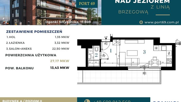 Rzut - Mieszkanie na sprzedaż 1 pokój o powierzchni 27,17 m² - numer A-37 w Port 69