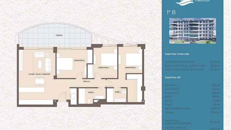 Rzut - Mieszkanie na sprzedaż 3 pokoje o powierzchni 107,65 m² - numer GB-1B w Marina Golden Bay