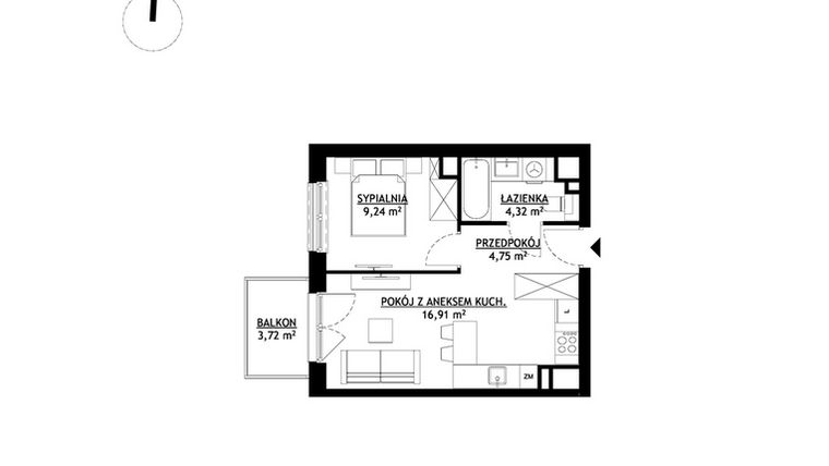 Rzut - Mieszkanie na sprzedaż 2 pokoje o powierzchni 35,22 m² - numer A21 w FUTURO