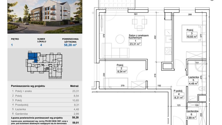 Rzut - Mieszkanie na sprzedaż 3 pokoje o powierzchni 58,66 m² - numer 4 w Balantia
