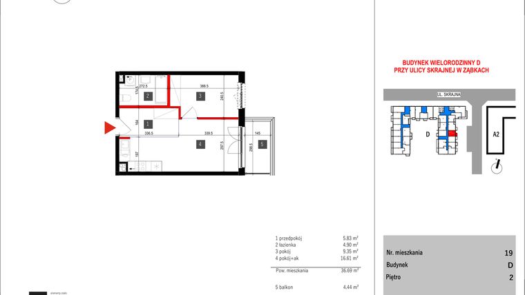 Rzut - Mieszkanie na sprzedaż 2 pokoje o powierzchni 36,69 m² - numer D.19 w Skrajna 9 bud. D