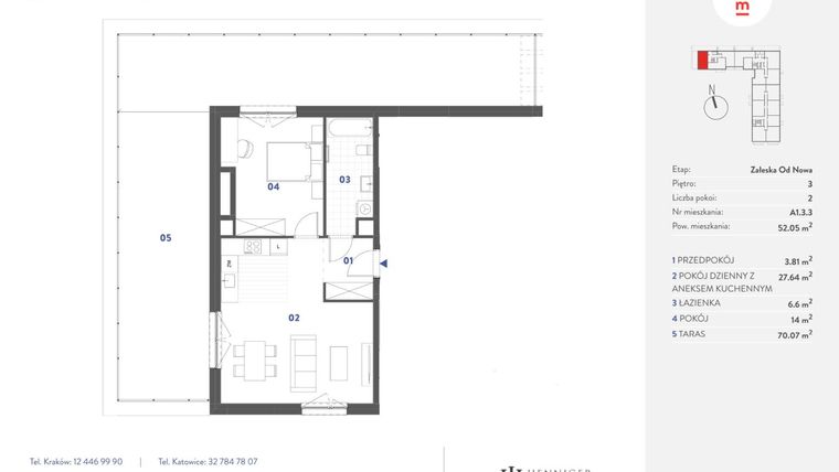 Rzut - Mieszkanie na sprzedaż 2 pokoje o powierzchni 52,05 m² - numer A1.3.3 w Mieszkaj w Mieście - Załęska od Nowa