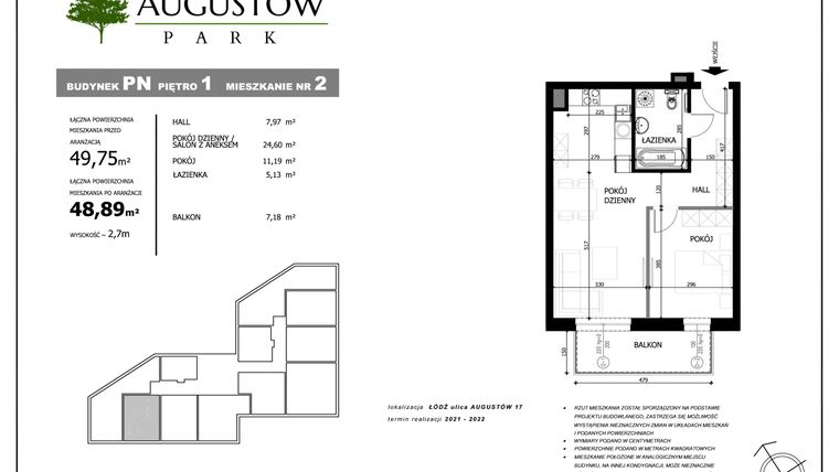 Rzut - Mieszkanie na sprzedaż 2 pokoje o powierzchni 48,89 m² - numer 2 w Augustów Park