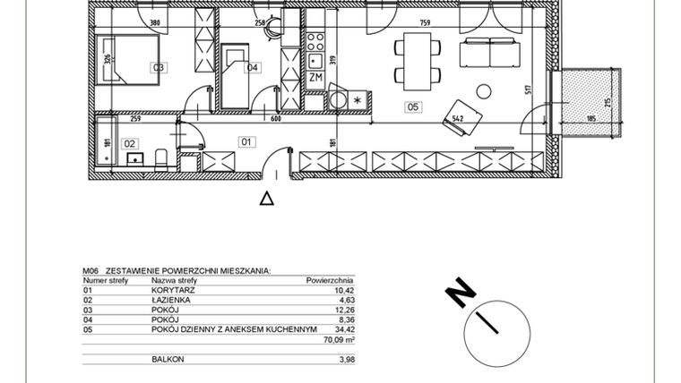 Rzut - Mieszkanie na sprzedaż 3 pokoje o powierzchni 70,05 m² - numer I.M06 w Osiedle Glivia Zachodnia