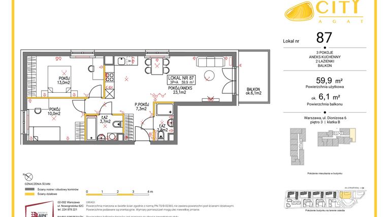 Rzut - Mieszkanie na sprzedaż 3 pokoje o powierzchni 59,9 m² - numer 87 w Comfort City Agat