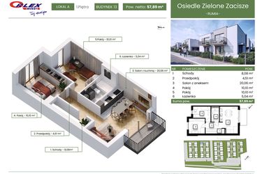 Rzut - Mieszkanie na sprzedaż 3 pokoje o powierzchni 57,89 m² - numer 13A w Rumia Osiedle Zielone Zacisze