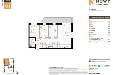 Rzut - Mieszkanie na sprzedaż 4 pokoje o powierzchni 85,34 m² - numer A28 w Nowy Sosnowiec