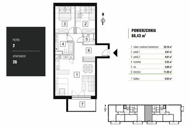 Rzut - Mieszkanie na sprzedaż 3 pokoje o powierzchni 66,43 m² - numer M.26 w Zielony Horyzont