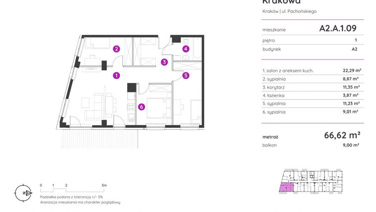 Rzut - Mieszkanie na sprzedaż 4 pokoje o powierzchni 66,62 m² - numer A2.A.1.09 w Murapol Parki Krakowa