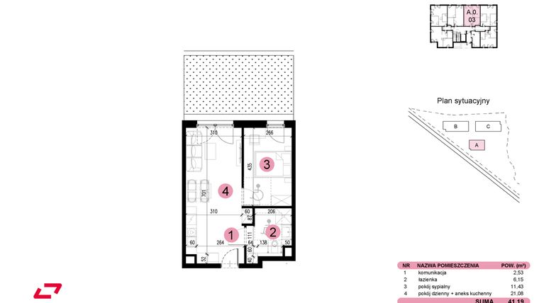 Rzut - Mieszkanie na sprzedaż 2 pokoje o powierzchni 41,21 m² - numer A-0-03 w Nowe Miasto