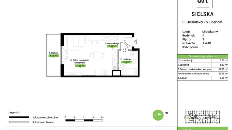 Rzut - Mieszkanie na sprzedaż 1 pokój o powierzchni 33,65 m² - numer A.4.48 w JA_SIELSKA V