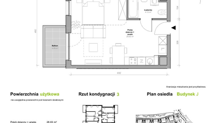 Rzut - Mieszkanie na sprzedaż 1 pokój o powierzchni 32,93 m² - numer J.3.M01 w Przemyska Vita