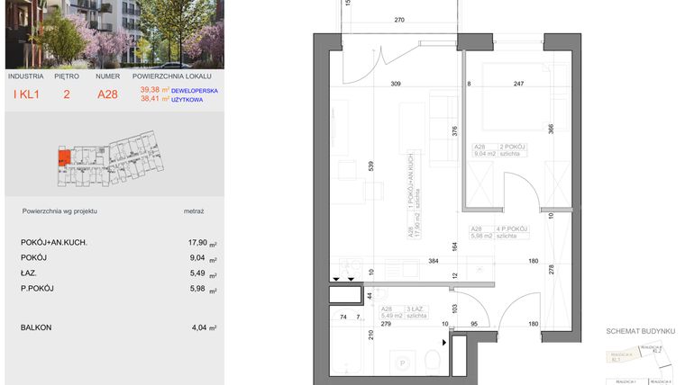 Rzut - Mieszkanie na sprzedaż 2 pokoje o powierzchni 38,41 m² - numer I-A28 w Industria etap I-A