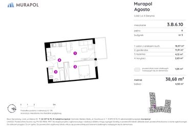 Rzut - Mieszkanie na sprzedaż 1 pokój o powierzchni 38,55 m² - numer 3.B.6.10 w Murapol Agosto