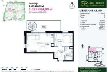 Rzut - Mieszkanie na sprzedaż 2 pokoje o powierzchni 41,58 m² - numer A3.M14 w Apartamenty przy Parku Szczytnickim