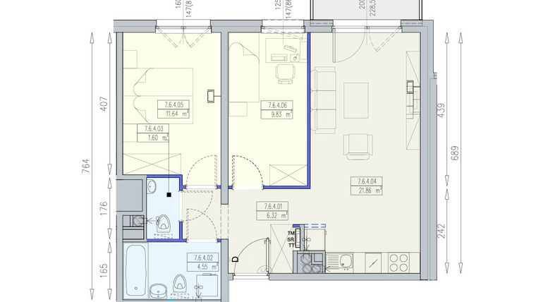 Rzut - Mieszkanie na sprzedaż 3 pokoje o powierzchni 55,8 m² - numer K2 7/6/4/3a w Południk 17 - budynek K2