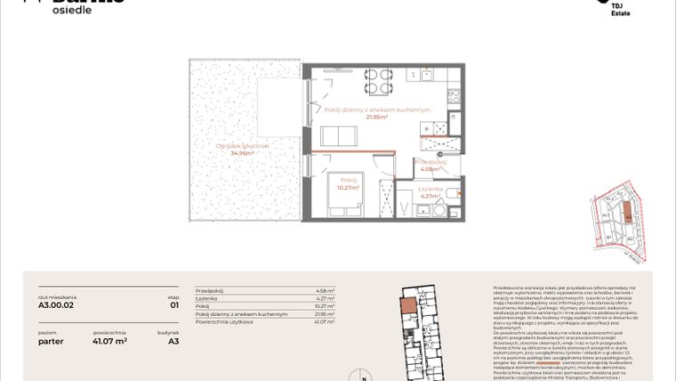 Rzut - Mieszkanie na sprzedaż 2 pokoje o powierzchni 41,07 m² - numer A3-00.02 w Sarnie Osiedle