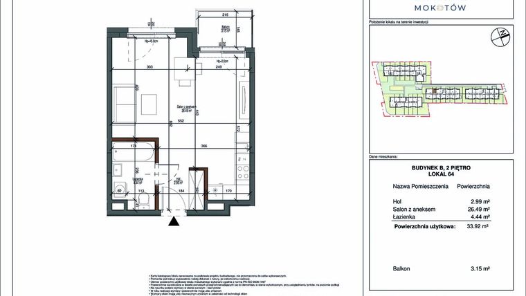 Rzut - Mieszkanie na sprzedaż 1 pokój o powierzchni 33,92 m² - numer 64 w Aura Mokotów II