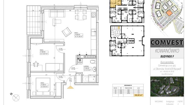 Rzut - Mieszkanie na sprzedaż 3 pokoje o powierzchni 58,28 m² - numer F8 w Kowanówko