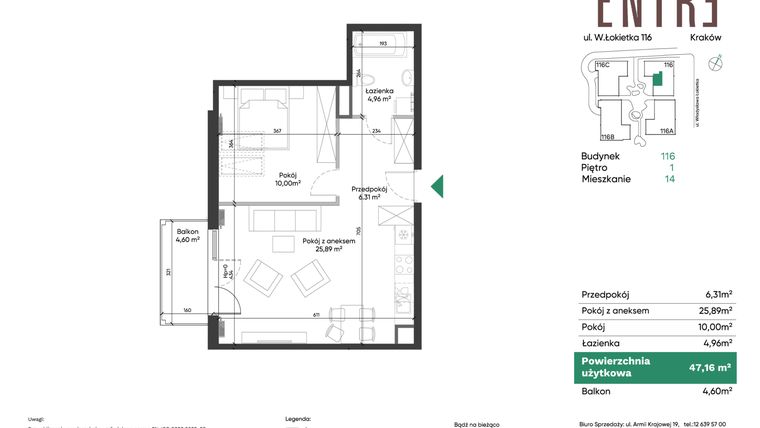 Rzut - Mieszkanie na sprzedaż 2 pokoje o powierzchni 47,19 m² - numer 116-M14 w Entre