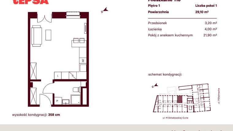 Rzut - Mieszkanie na sprzedaż 1 pokój o powierzchni 29,1 m² - numer M110 w Tepsa Kato