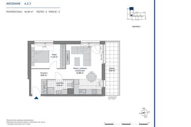 Rzut - Mieszkanie na sprzedaż 2 pokoje o powierzchni 46,8 m² - numer A.2.3 w Linea bud. A