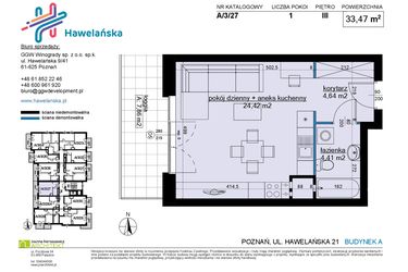 Rzut - Mieszkanie na sprzedaż 1 pokój o powierzchni 33,47 m² - numer A/3/27 w Osiedle Hawelańska etap III - bud. A