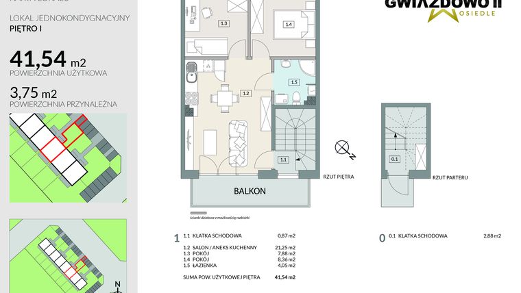 Rzut - Mieszkanie na sprzedaż 2 pokoje o powierzchni 41,54 m² - numer A17.2 w Gwiazdowo II