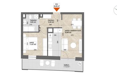 Rzut - Mieszkanie na sprzedaż 2 pokoje o powierzchni 44,08 m² - numer 4 w Apartamenty Śródmieście