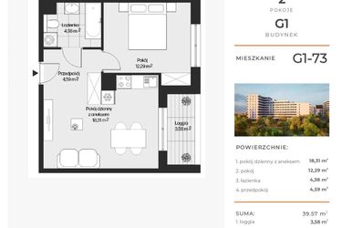 Rzut - Mieszkanie na sprzedaż 2 pokoje o powierzchni 39,57 m² - numer G1-73 w Piasta Park VI