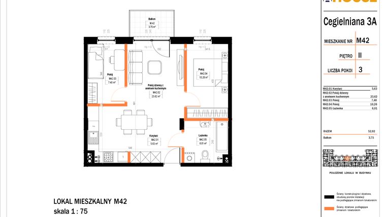 Rzut - Mieszkanie na sprzedaż 3 pokoje o powierzchni 54,1 m² - numer 42 w Osiedle StaLove etap II
