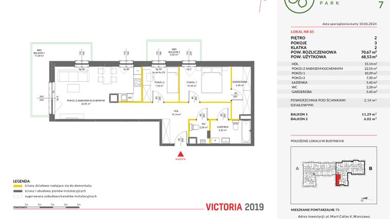 Rzut - Mieszkanie na sprzedaż 3 pokoje o powierzchni 70,67 m² - numer 85 w Olchowy Park VII