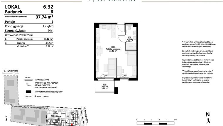 Rzut - Mieszkanie na sprzedaż 2 pokoje o powierzchni 37,74 m² - numer 6.32 w Pino Resort